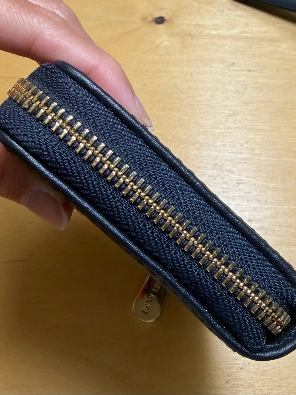 Michael Kors Navy MK Monogram Zip Compact Wallet with Gold Plaque
